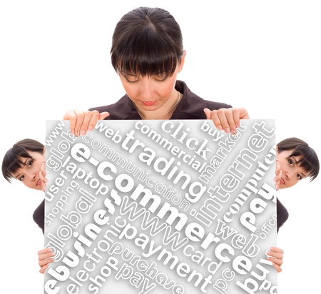 business woman behind a white paperの写真素材