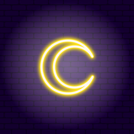 Moon. Neon illustration on dark brick wall background.のイラスト素材