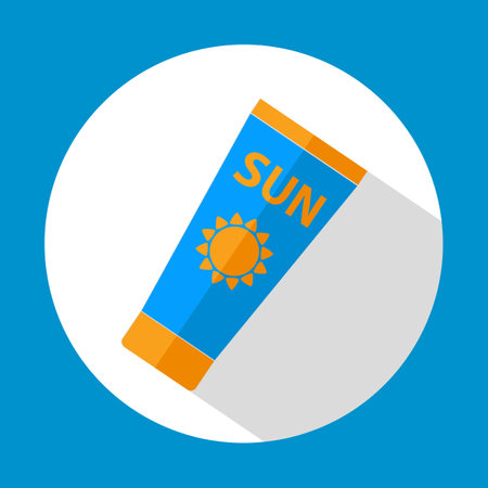 Sun Care. Sun Protection. Sunscreen tube flat icon blue and orange color with long shadow. Flat design style. Vector illustration. EPS10のイラスト素材