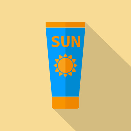 Sun Care. Sun Protection. Tube sunscreen flat icon blue and orange color with long shadow on light yellow background. Flat design style. Vector illustration. EPS10のイラスト素材
