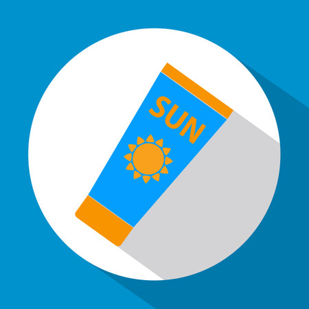 Sun Care. Sun Protection. Sunscreen tube flat icon blue and orange color with long shadow. Flat design style. Vector illustration. EPS10のイラスト素材