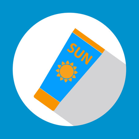 Sun Care. Sun Protection. Sunscreen tube flat icon blue and orange color with long shadow.のイラスト素材