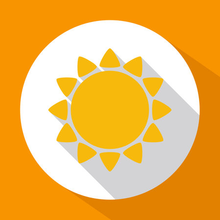 Sun flat icon yellow color with long shadow on white background with orange decoration.のイラスト素材