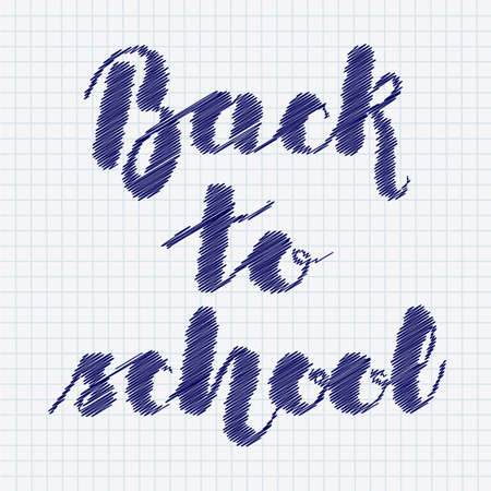 Lettering "Back to school" imitation pen on the copybook sheet in a cage. Vector illustration. EPS10.のイラスト素材