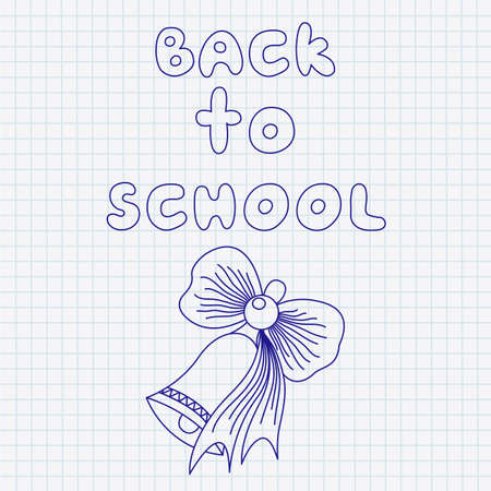 The inscription "Back to school" and drawing pen handbell on the copybook sheet in a cage. Vector illustration. EPS10.のイラスト素材