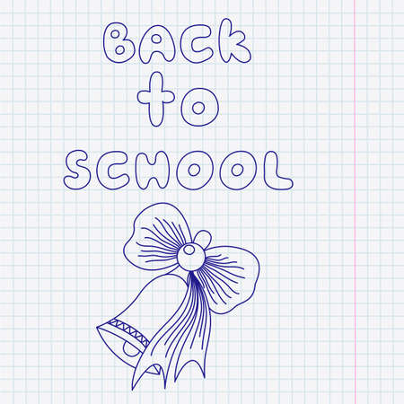 The inscription Back to school and drawing pen handbell on the copybook sheet in a cage. Vector illustration. EPS10.のイラスト素材