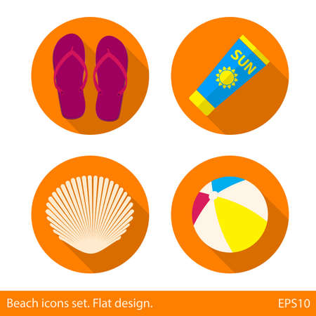 Set of colored beach icons. Summer vacation. Flat design with long shadow on orange round backround. Vector illustration. EPS10.のイラスト素材
