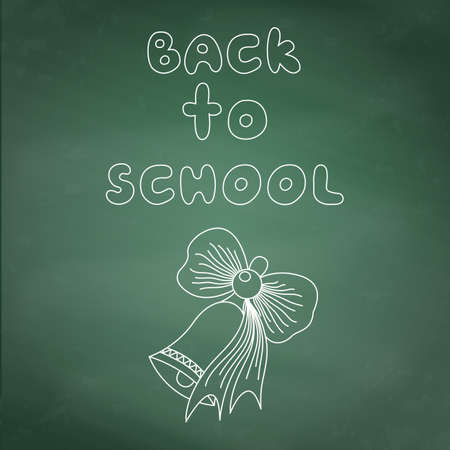 The inscription chalk Back to school and drawing school bell with a bow on green chalkboard background. Vector illustration. EPS10.のイラスト素材
