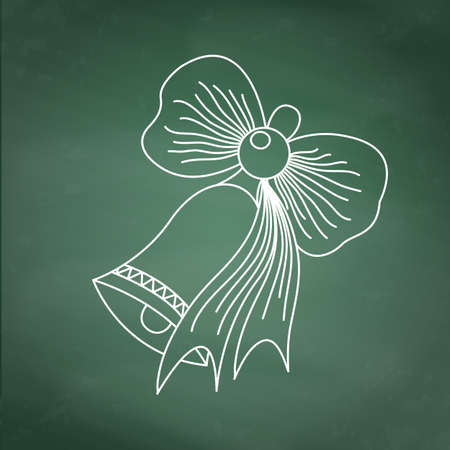 Drawing school bell with a bow on green chalkboard background. Vector illustration. EPS10.のイラスト素材