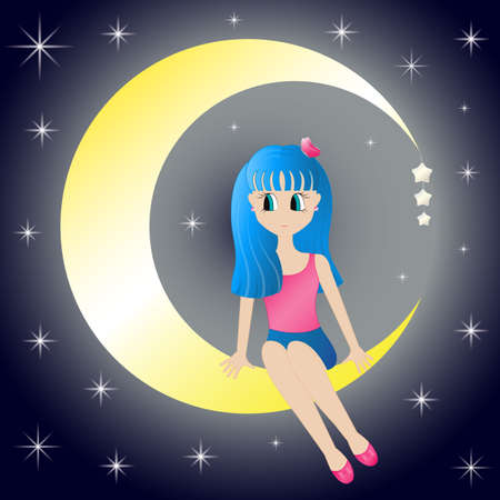Cute girl sitting dreaming on the moon on background night starry sky. Cartoon style. Vector illustration. EPS10.のイラスト素材