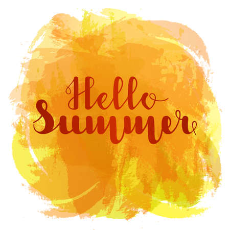Hello Summer lettering on background imitation watercolor spot orange color. Vector illustration. EPS10.のイラスト素材