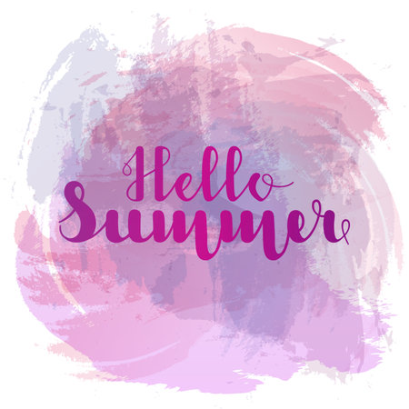 Hello Summer lettering on background imitation watercolor spot purple color. Vector illustration. EPS10.のイラスト素材