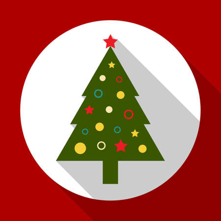 Christmas tree color on red background with long shadow. Vector illustration for Christmas and New Year card.のイラスト素材