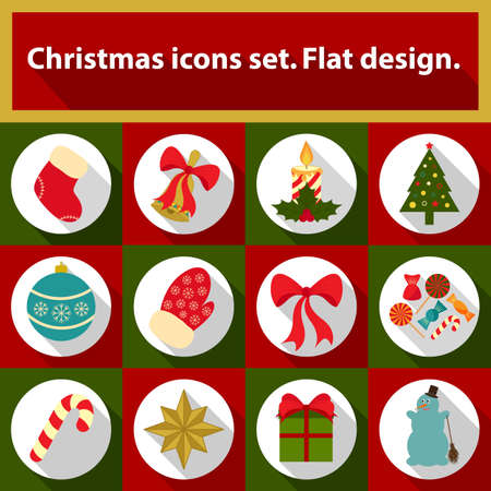 Christmas icons set. 12 image. Vector illustration for Christmas and New Year greeting card. Flat design style.のイラスト素材