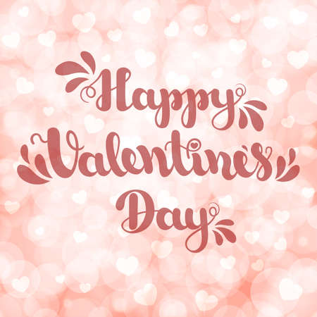 Lettering Happy Valentines Day on pink blurred bokeh background with hearts. Vector illustration for Valentine s Day 2017. EPS10のイラスト素材