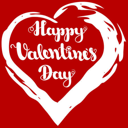 Lettering Happy Valentines Day in grunge frame heart shape in white color on a red background. Vector illustration for Valentine s Day 2017. EPS10.のイラスト素材