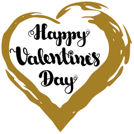 Lettering Happy Valentines Day in grunge frame heart shape in gold color on a white background. Vector illustration for Valentine s Day 2017. EPS10のイラスト素材