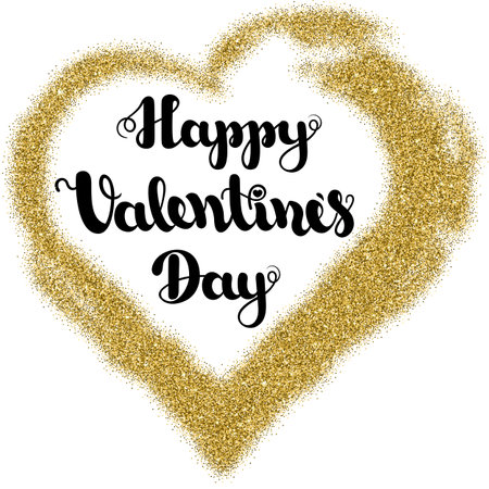 Lettering Happy Valentines Day in frame heart shape from gold glitter on a white background. Vector illustration.のイラスト素材