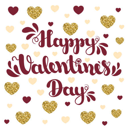 Lettering Happy Valentines Day on white background with hearts. Vector illustration for Valentine s Day.のイラスト素材