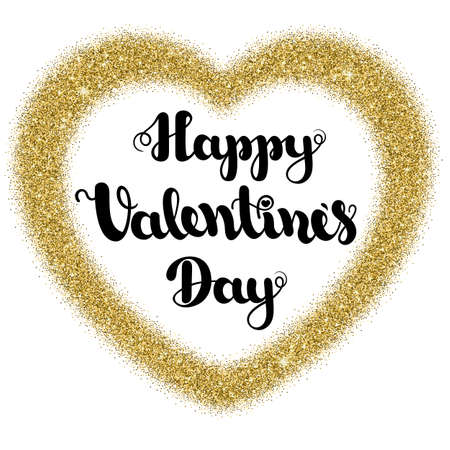 Lettering Happy Valentines Day in frame heart shape from gold glitter on a white background. Vector illustration.のイラスト素材