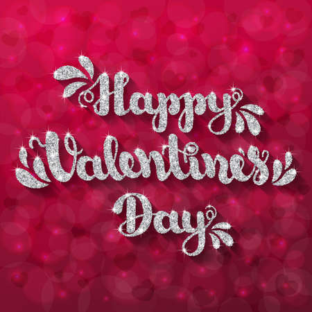 Silver glitter lettering Happy Valentines Day on burgundy blurred bokeh background with hearts. Vector illustration for Valentine s Day 2017. EPS10のイラスト素材