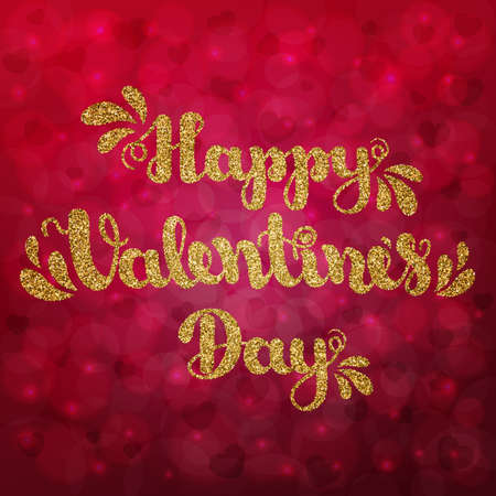 Gold glitter lettering Happy Valentines Day on burgundy blurred bokeh background with hearts. Vector illustration for Valentine s Day 2017. EPS10のイラスト素材