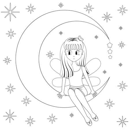 Cute girl sitting dreaming on the moon on background night starry sky. Cartoon style. Vector illustration isolated on white for coloring book . EPS10.のイラスト素材