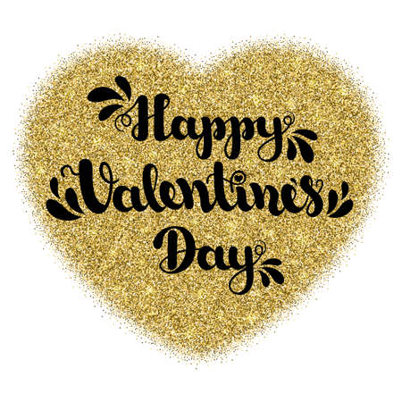 Lettering Happy Valentines Day in shape heart from gold glitter on a white background. Vector illustration for Valentines Day 2017. EPS10のイラスト素材