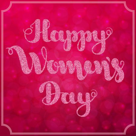 Lettering Happy Women s Day on blurred bokeh burgundy background. Vector illustration for greeting card. 8 March. International Women s Day. EPS10のイラスト素材