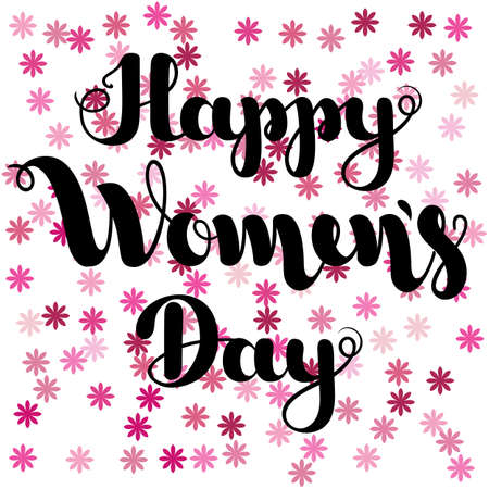 Black lettering Happy Women s Day on pink flowers background. Vector illustration for greeting card. 8 March. International Women s Day. EPS10のイラスト素材