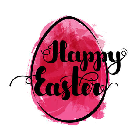 Lettering Happy Easter black color on pink colorfull watercolor egg, isolated on white background. Vector illustration for greeting cards, posters, banners, flyers, and more. Vector illustration. EPS10.のイラスト素材