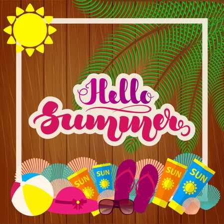 Hand lettering Hello Summer and beach accessories on wooden background. Template for posters, cards and other items. Vector illustration. EPS10のイラスト素材
