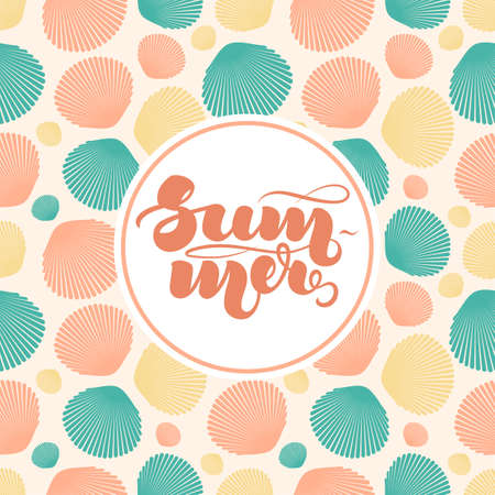 Hand lettering Summer on background with colorful seashells for posters, leaflets, cards and other printed products. Vector illustration. EPS10のイラスト素材