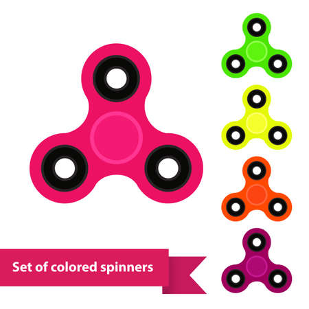 Fidget spinner. Hand toy for stress relieving. Set of colorful spinners in flat style. Modern trend 2017. Vector illustration isolated on white background. EPS10のイラスト素材