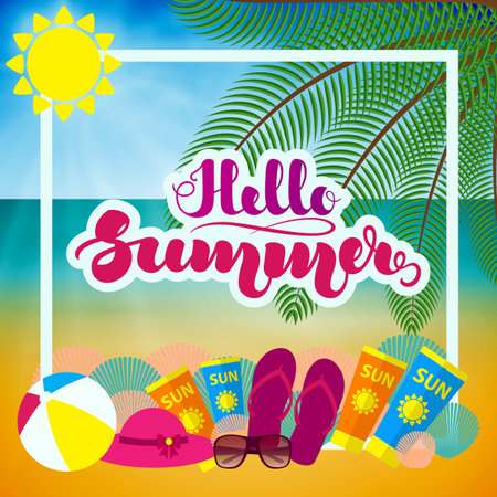 Hand lettering Hello Summer and beach accessories. Template for posters, leaflets, cards and other printed products.のイラスト素材