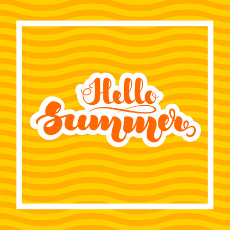 Hand lettering Hello Summer on striped orange background for posters, leaflets, cards and other printed products.のイラスト素材