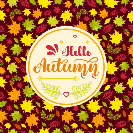 Hand written lettering Hello Autumn on seamless background with colorful autumn leaves.のイラスト素材