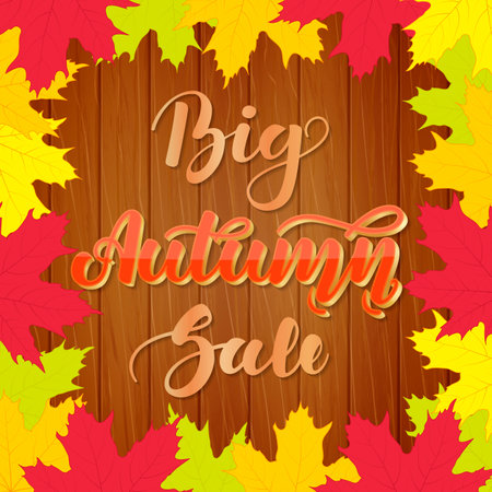 Big autumn sale. Lettering on wooden background with colorful maple leaves. Beautiful poster for sales, promotionsのイラスト素材