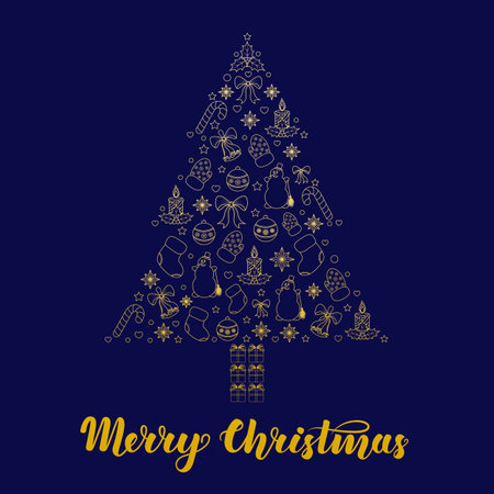 Abstract stylized christmas tree with gold contour on dark blue background. Vector illustration for greeting cards, invitations, gift wrapping and other thematic productsのイラスト素材
