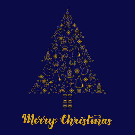 Abstract stylized christmas tree with gold contour on dark blue background. Vector illustration for greeting cards, invitations, gift wrapping and other thematic productsのイラスト素材