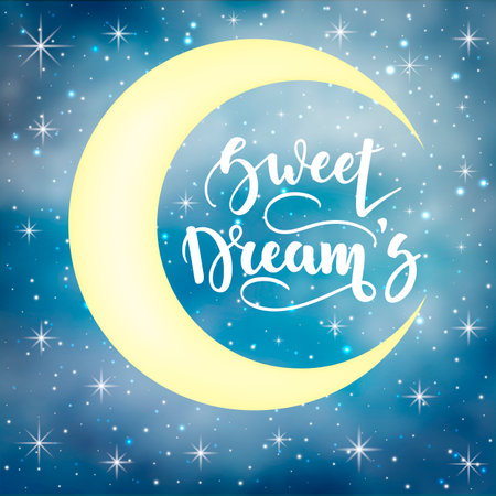 Sweet Dreams. Inspirational and motivational handwritten lettering on a background of the night starry sky. Can be used for posters, cards and other items. Vector ilustration. EPS 10のイラスト素材