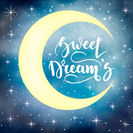 Sweet Dreams. Inspirational and motivational handwritten lettering on a background of the night starry sky. Can be used for posters, cards and other items. Vector ilustration. EPS 10のイラスト素材