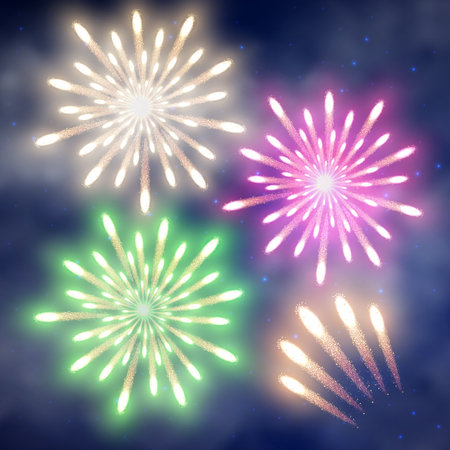 Festive firework, bursting salute on night sky background. Raster image for greeting cardsの写真素材
