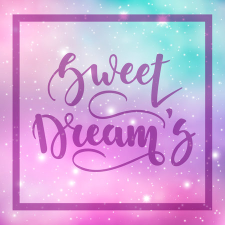 Sweet Dreams. Inspirational and motivational handwritten lettering on a background of the night starry sky. Can be used for posters, cards and other items. Vector ilustration. EPS 10のイラスト素材