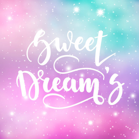 Sweet Dreams. Inspirational and motivational handwritten lettering on a background of the night starry sky. Can be used for posters, cards and other items. Vector ilustration. EPS 10のイラスト素材