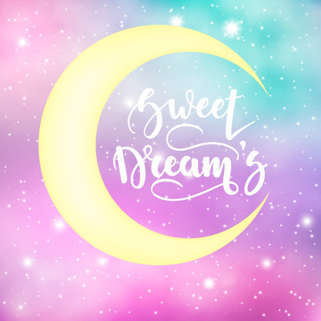 Sweet Dreams. Inspirational and motivational handwritten lettering on a background of the night starry sky. Can be used for posters, cards and other items. Vector ilustration. EPS 10のイラスト素材