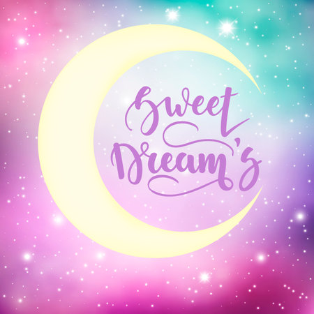Sweet Dreams. Inspirational and motivational handwritten lettering on a background of the night starry sky. Can be used for posters, cards and other items. Vector ilustration. EPS 10のイラスト素材