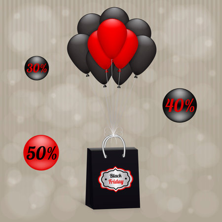 Shopping paper bag with balloons. Symbol of seasonal sale Black Friday. Vector illustration isolated on white backgroundのイラスト素材
