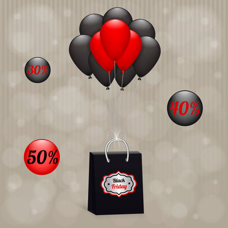 Shopping paper bag with balloons. Symbol of seasonal sale Black Friday. Vector illustration isolated on white backgroundのイラスト素材