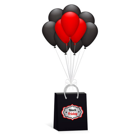 Shopping paper bag with balloons. Symbol of seasonal sale Black Friday. Vector illustration isolated on white backgroundのイラスト素材